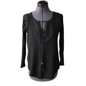 Daniel Rainn Long-Sleeve Crinkle Top Black Crochet Keyhole Neckline Size M